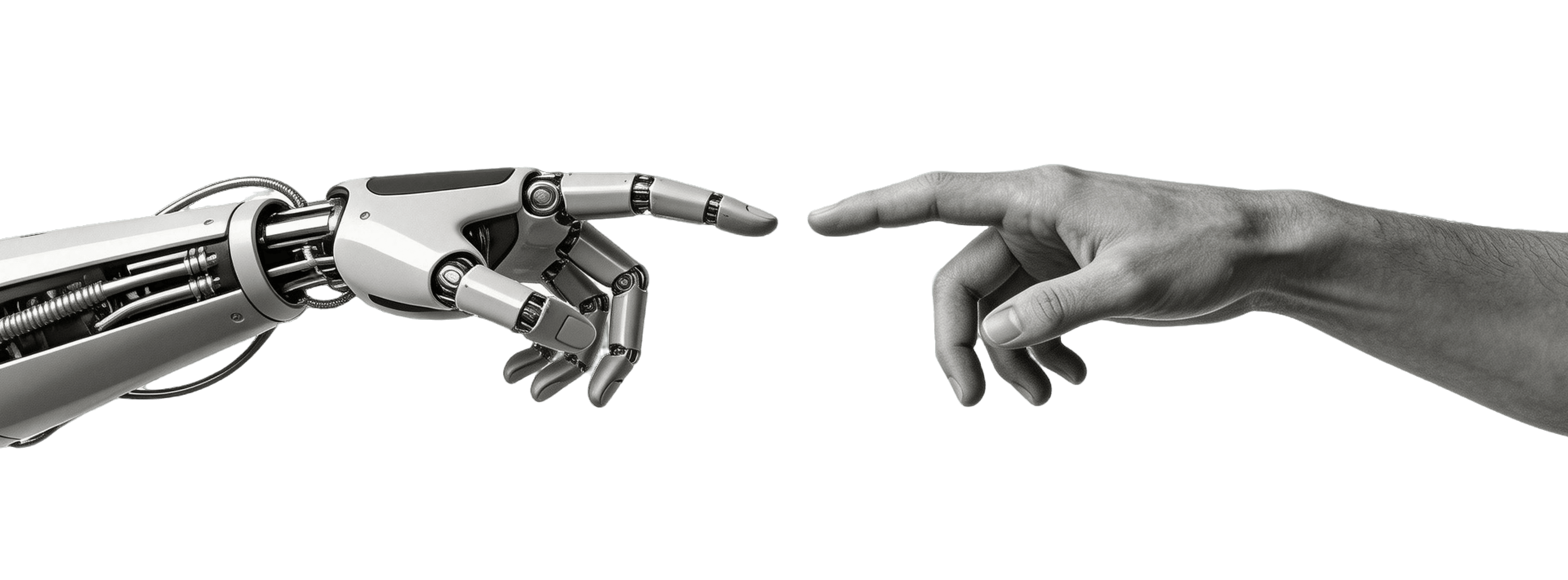 人机指尖相对:象征 AI 与人类认知的协同与连接